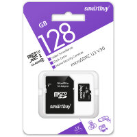 micro SDXC карта памяти Smartbuy 128GB cl10 U3 V30 для видеонаблюдения (с адаптером SD)